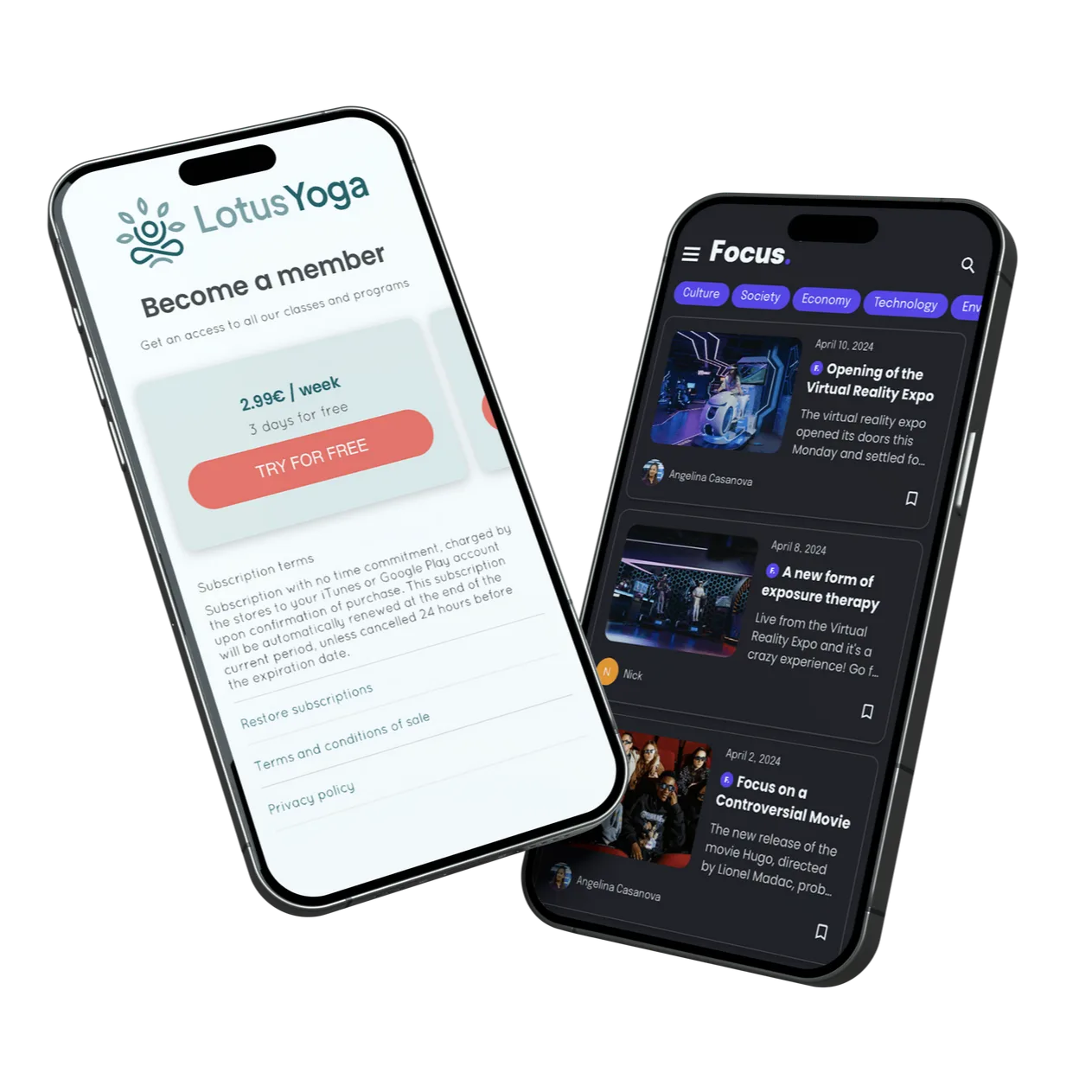 Two smartphones displaying a business app interface