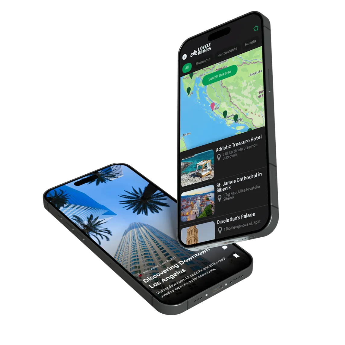 Two smartphones displaying a map and city skyline, one showing a green and white app interface