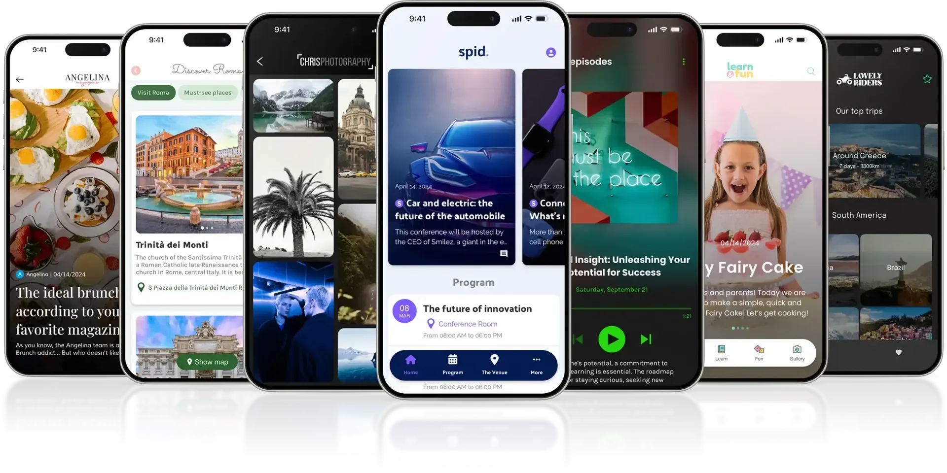 Seven smartphones displaying various app interfaces