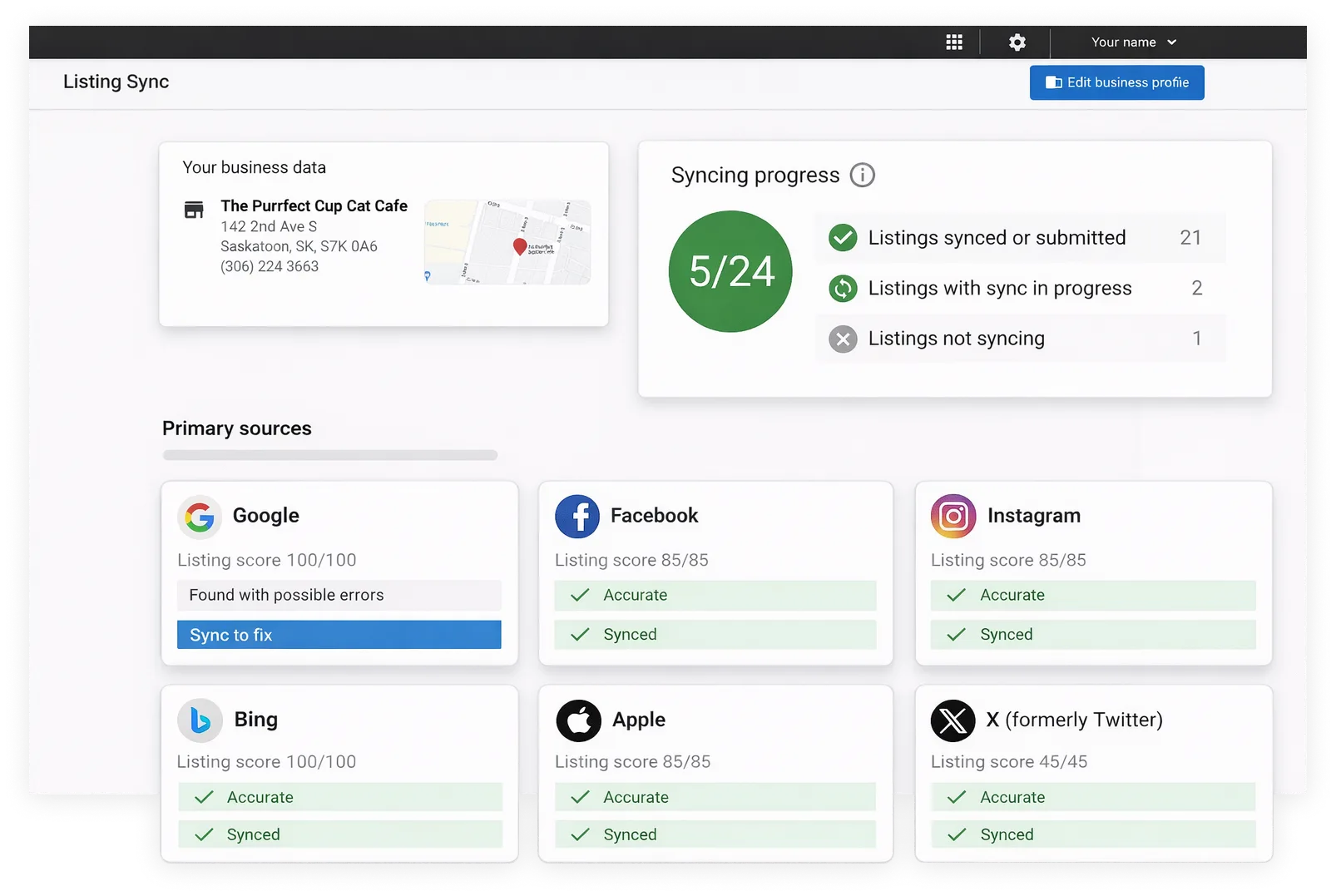 Dashboard displaying business listings and progress updates with colour-coded data