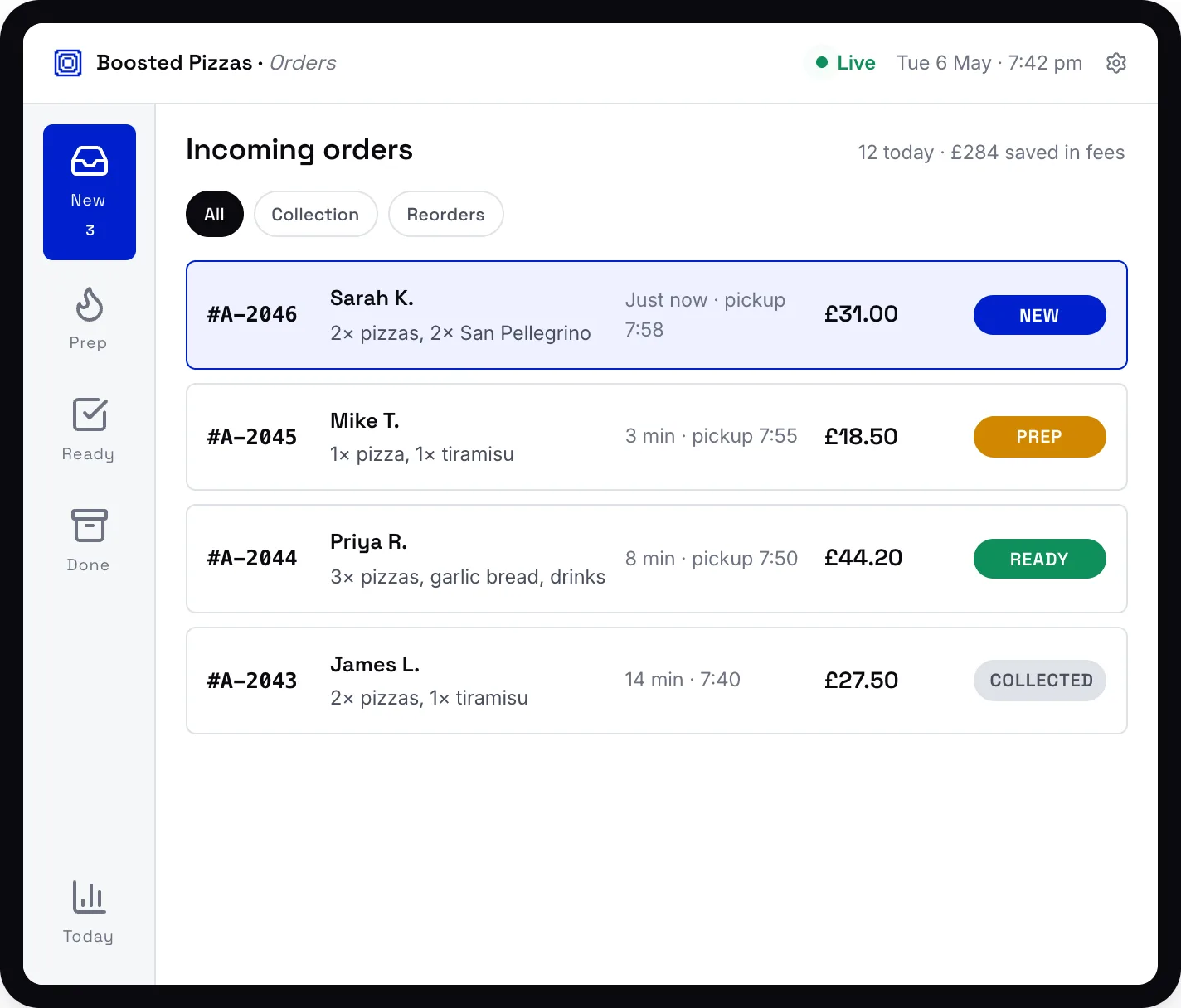 Dashboard showing incoming orders list with blue, orange, green, and grey status buttons.