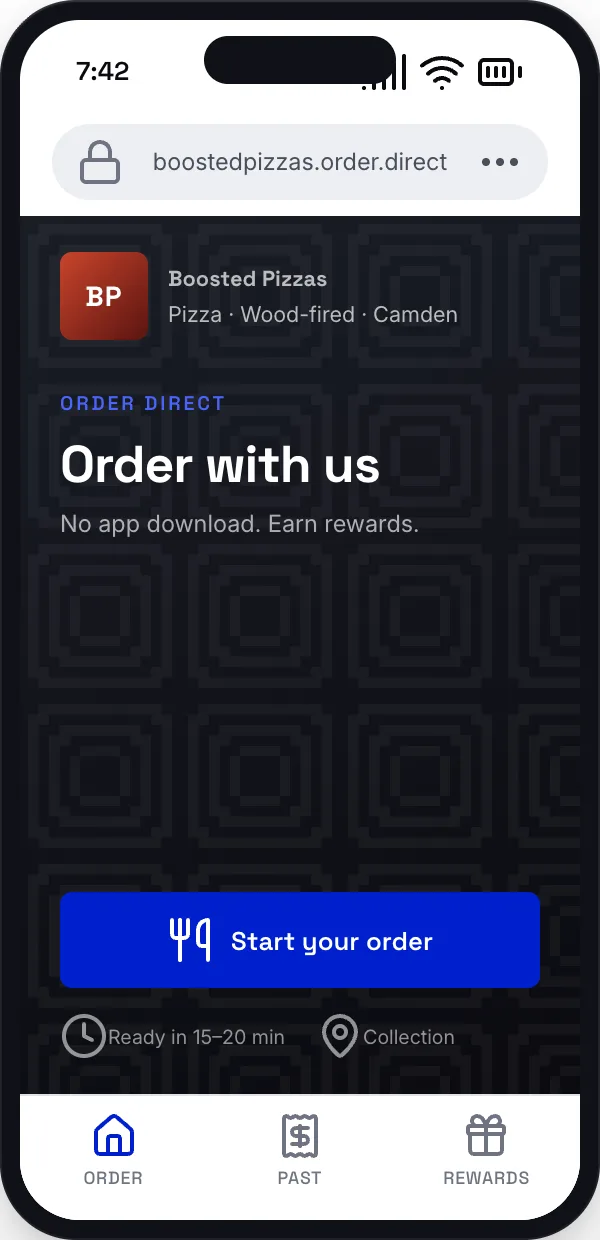 Mobile food-ordering home screen with “Order with us” headline and blue “Start your order” button