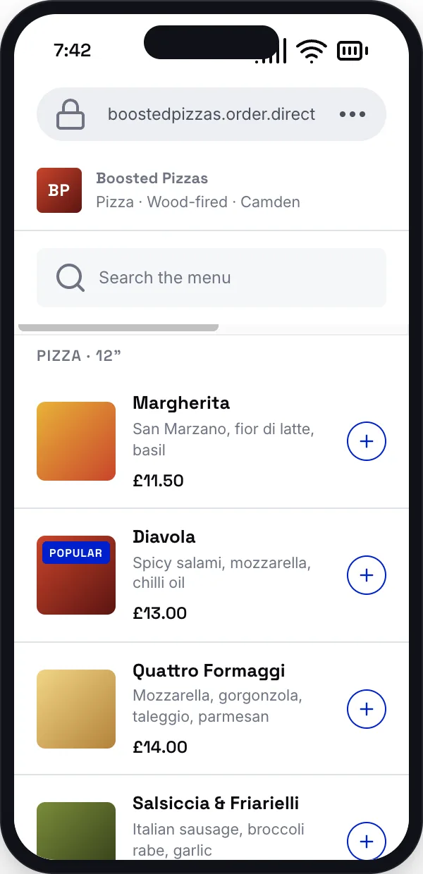 Phone screen showing a menu with pizza items, prices, and a search bar in a food ordering app