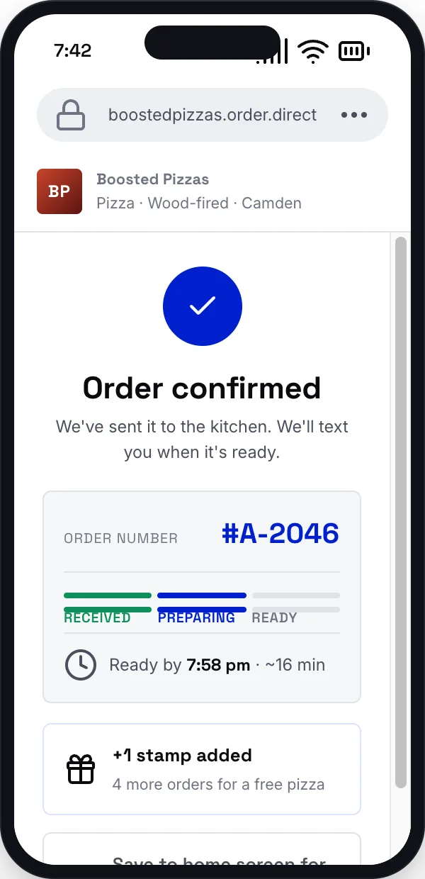 Mobile app order confirmation screen showing order #A-2046 and ready status from a restaurant.