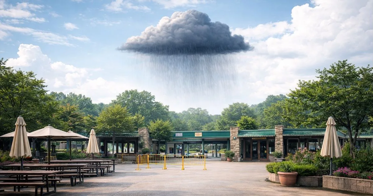An empty outdoor attraction under a small dark rain cloud while the surrounding sky is bright