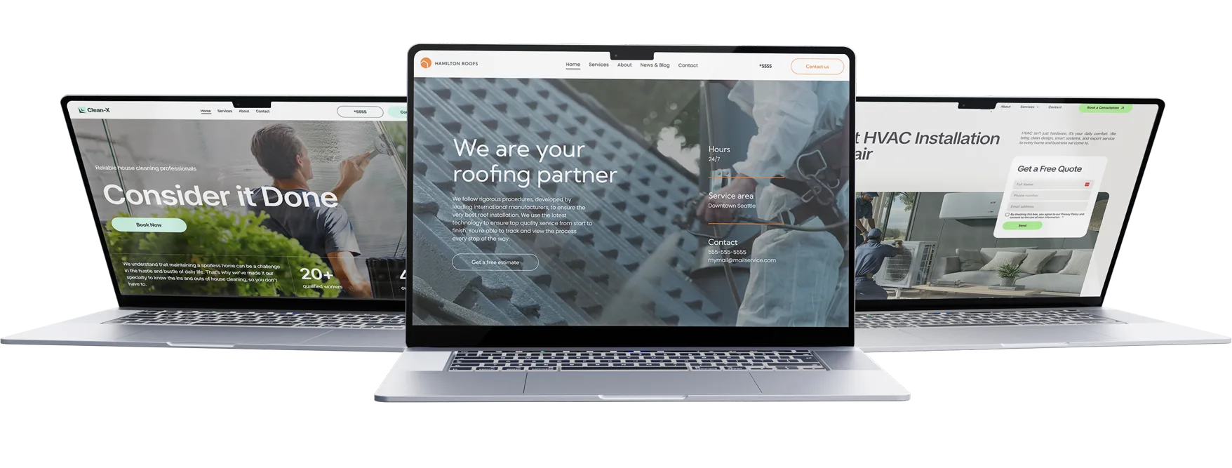 Three laptops displaying different websites, including a roofing business site