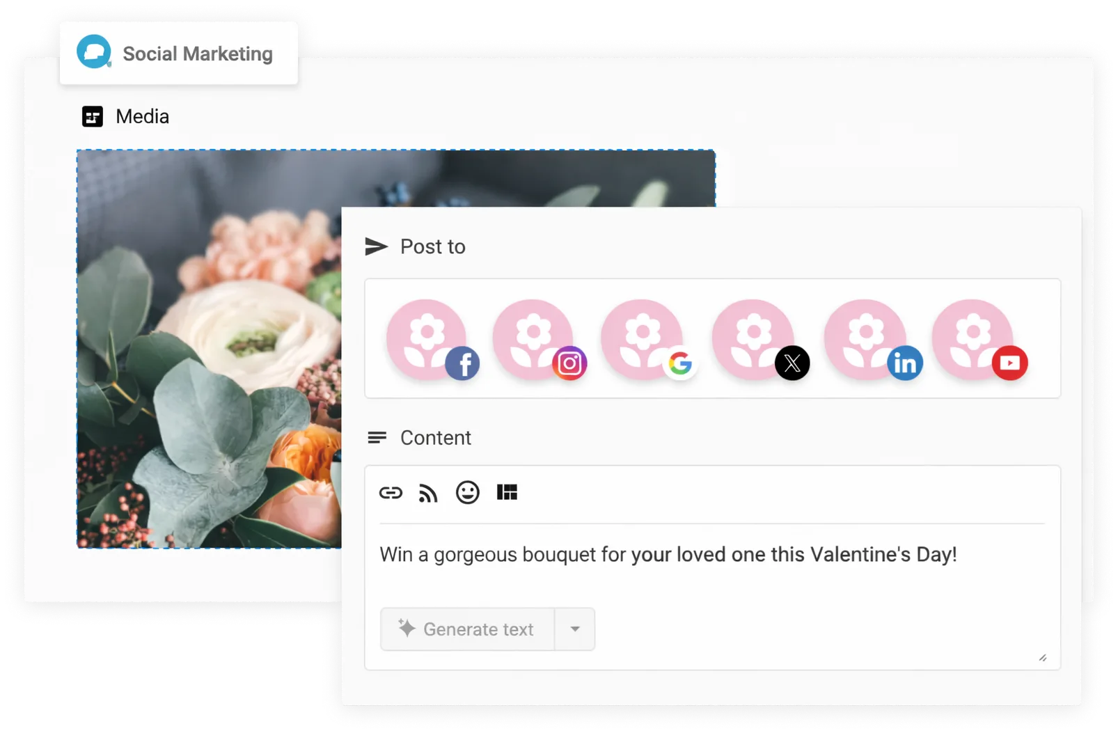 Social media marketing tool with a floral arrangement image, text field, and share buttons for various platforms
