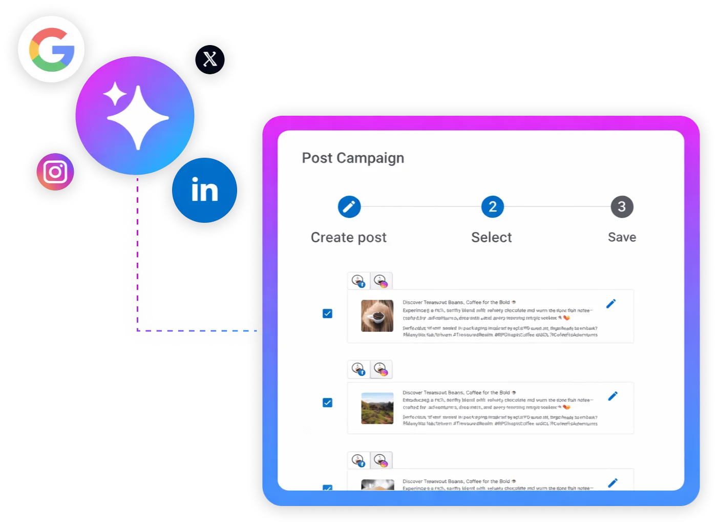 Social media post campaign interface with options for creating, scheduling, and editing posts