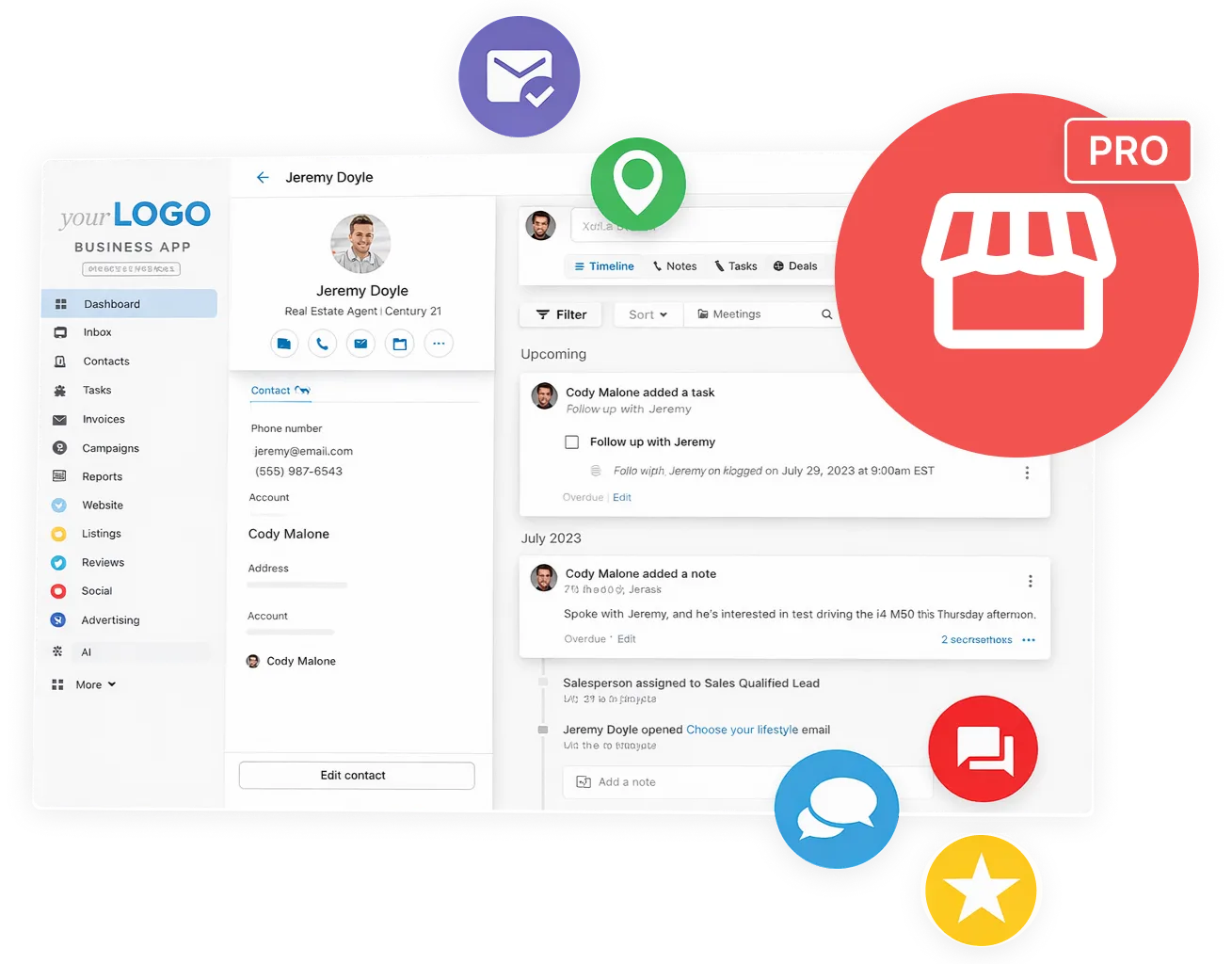A digital business dashboard with a profile, email, chat, and store icons.